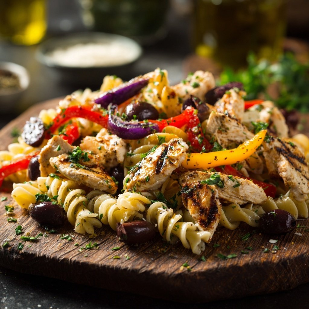 Mediterraner Nudelsalat Mit Hähnchenstreifen