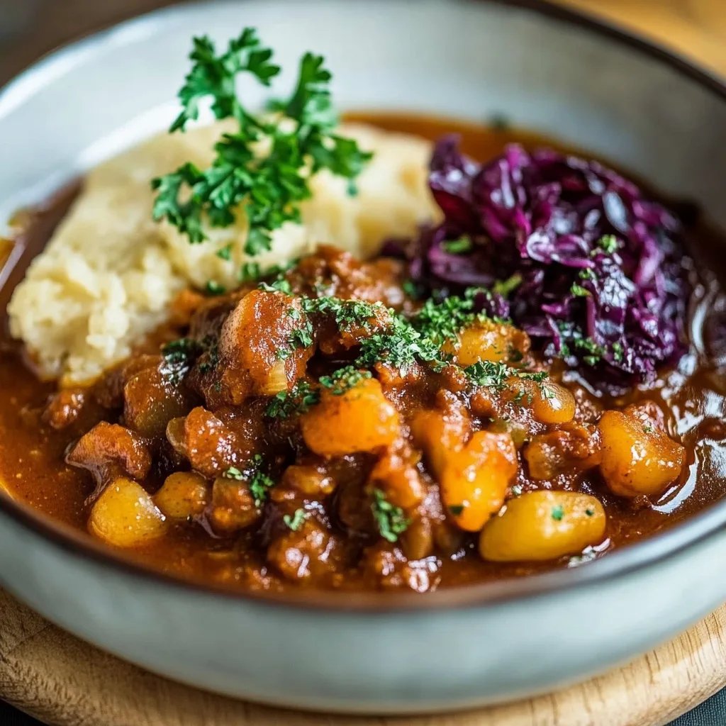 Veganes Gulasch mit Pfannenknödeln & Rotkraut