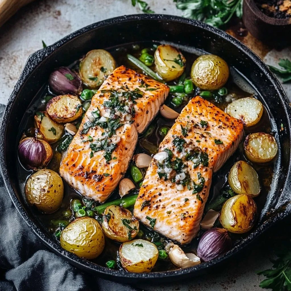 Lachs mit grünen Bohnen und Kartoffeln