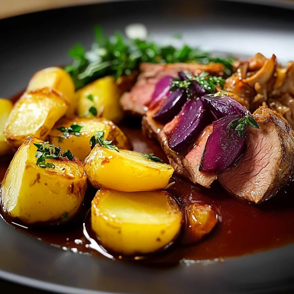 Rinderburgunderbraten mit Kartoffeln und Rotkohl