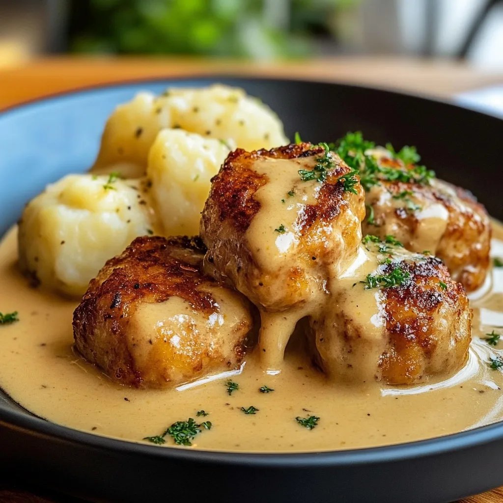 Hackbällchen in cremiger Sauce mit Kartoffelpüree